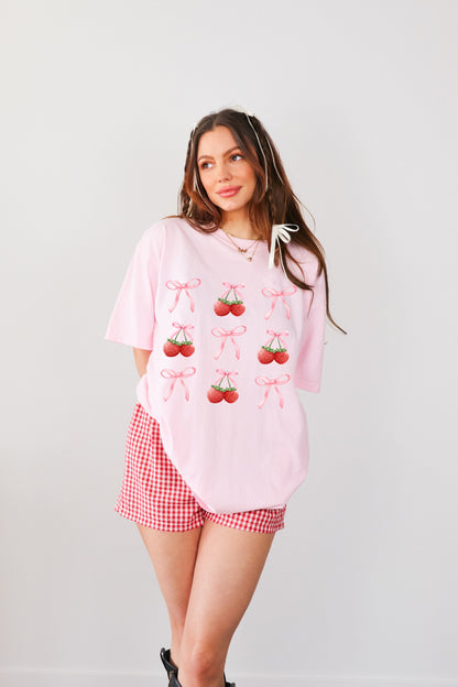 Cute Strawberry Coquette T-Shirt,Comfort Colors,Summer Strawberry Shirt,Coquette Aesthetic,Pink Bow Shirt,Strawberry Aesthetic,Cottagecore