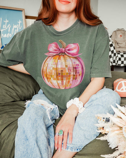 Disco Ball Pumpkin Comfort Colors tshirt,Fall Pumpkin Shirt,Thanksgiving shirt,Coquette Pumpkin TShirt,pink and orange disco ball,autumn tee