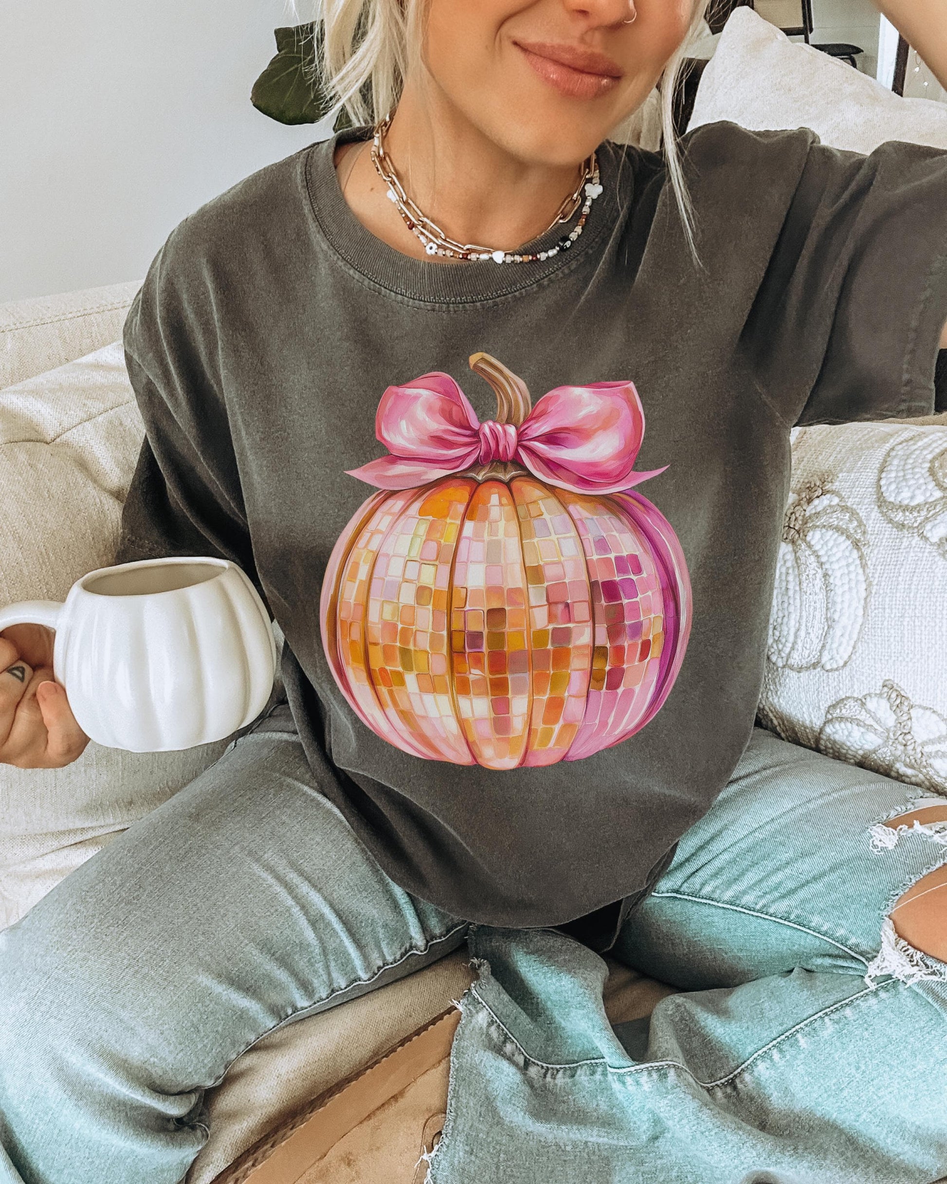 Disco Ball Pumpkin Comfort Colors tshirt,Fall Pumpkin Shirt,Thanksgiving shirt,Coquette Pumpkin TShirt,pink and orange disco ball,autumn tee