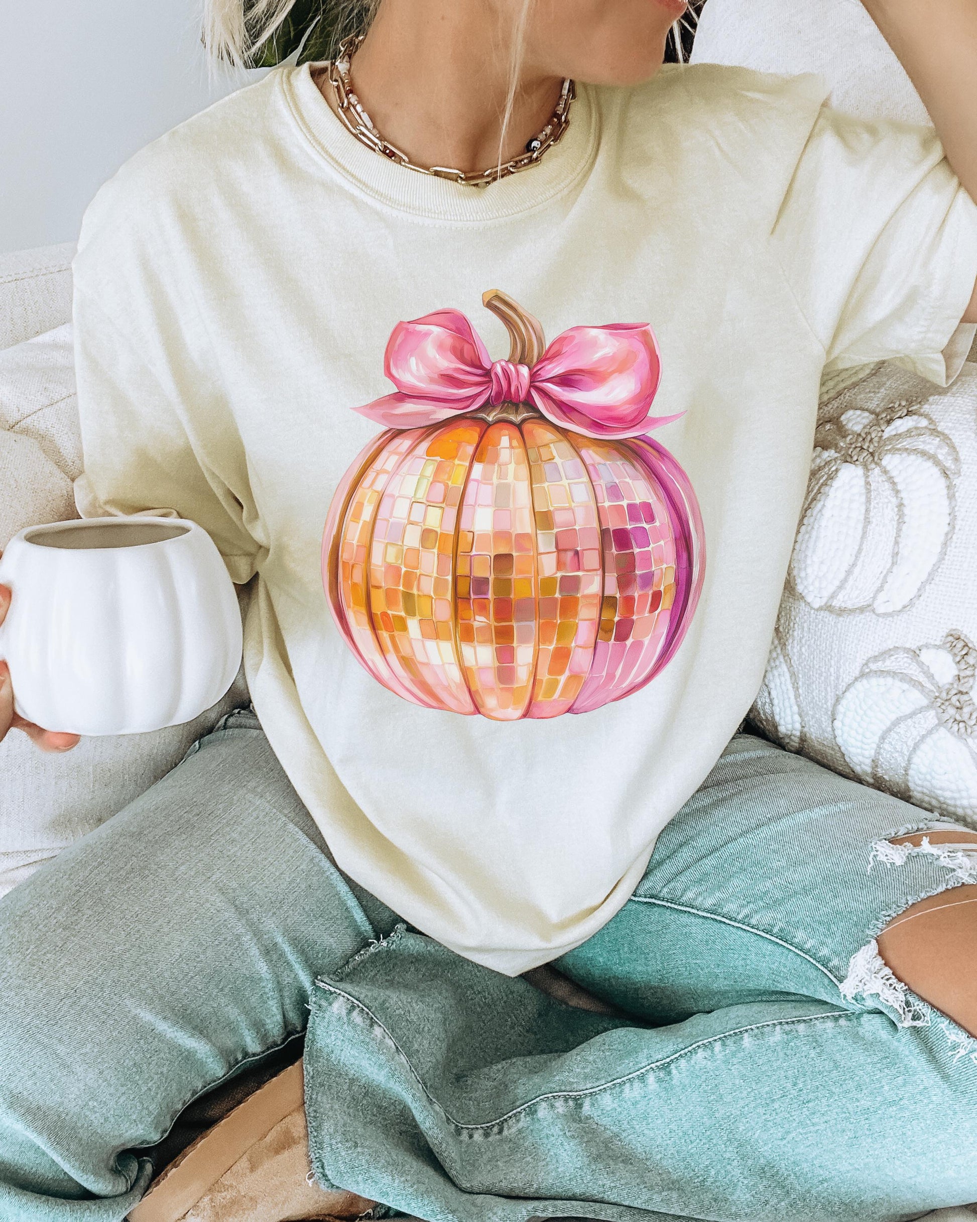 Disco Ball Pumpkin Comfort Colors tshirt,Fall Pumpkin Shirt,Thanksgiving shirt,Coquette Pumpkin TShirt,pink and orange disco ball,autumn tee