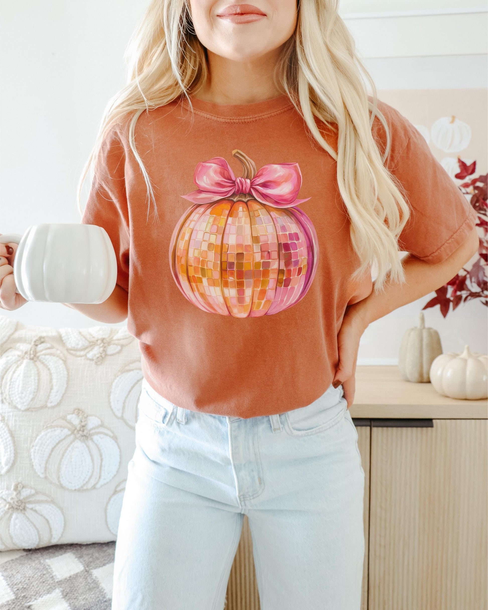 Disco Ball Pumpkin Comfort Colors tshirt,Fall Pumpkin Shirt,Thanksgiving shirt,Coquette Pumpkin TShirt,pink and orange disco ball,autumn tee