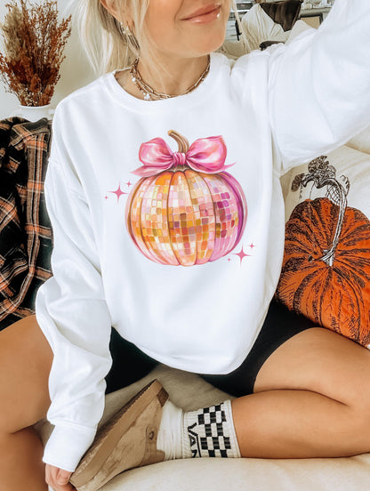 Disco Pumpkin Sweatshirt,Coquette Bow Pumpkin,Disco Ball Pumpkin,Pink and Orange sweatshirt,Fall Pumpkin,Autumn,thanksgiving sweatshirt