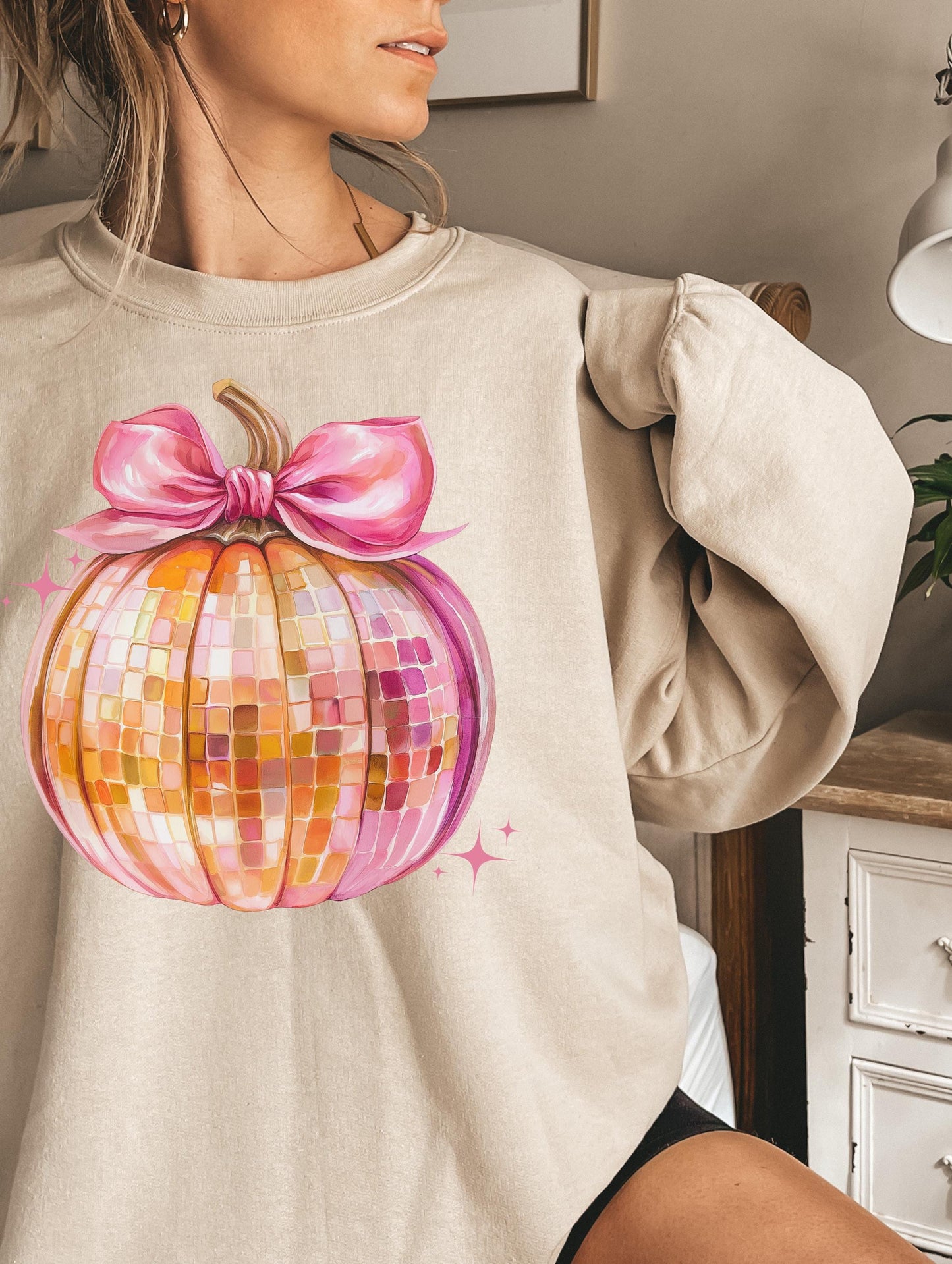 Disco Pumpkin Sweatshirt,Coquette Bow Pumpkin,Disco Ball Pumpkin,Pink and Orange sweatshirt,Fall Pumpkin,Autumn,thanksgiving sweatshirt