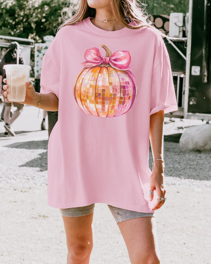 Disco Ball Pumpkin Comfort Colors tshirt,Fall Pumpkin Shirt,Thanksgiving shirt,Coquette Pumpkin TShirt,pink and orange disco ball,autumn tee