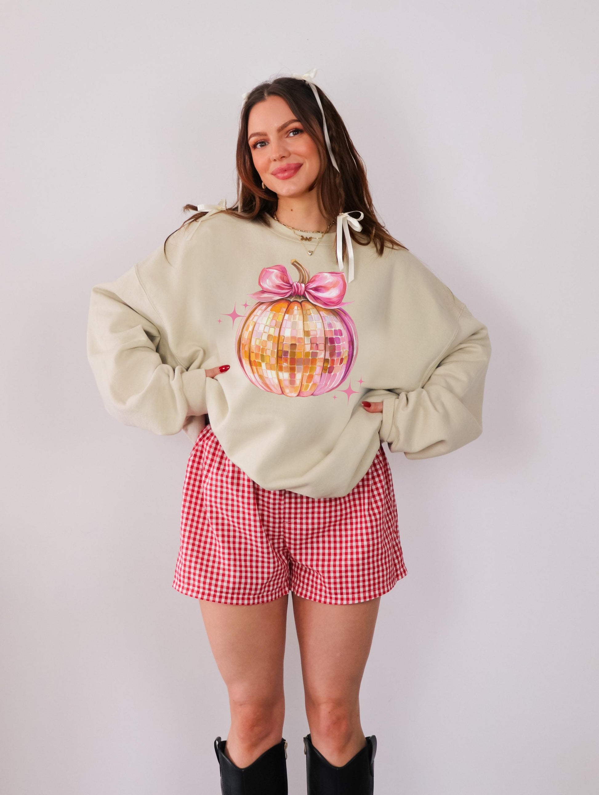 Disco Pumpkin Sweatshirt,Coquette Bow Pumpkin,Disco Ball Pumpkin,Pink and Orange sweatshirt,Fall Pumpkin,Autumn,thanksgiving sweatshirt