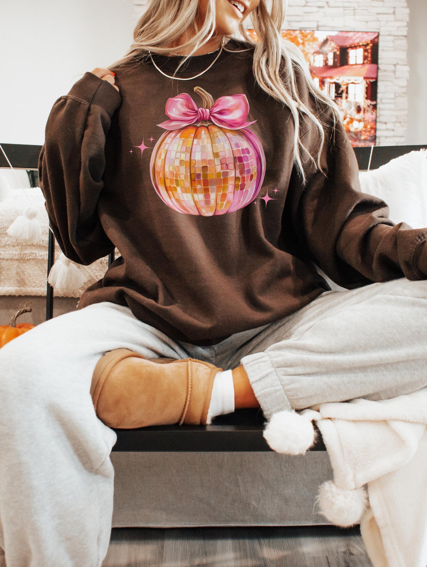 Disco Pumpkin Sweatshirt,Coquette Bow Pumpkin,Disco Ball Pumpkin,Pink and Orange sweatshirt,Fall Pumpkin,Autumn,thanksgiving sweatshirt