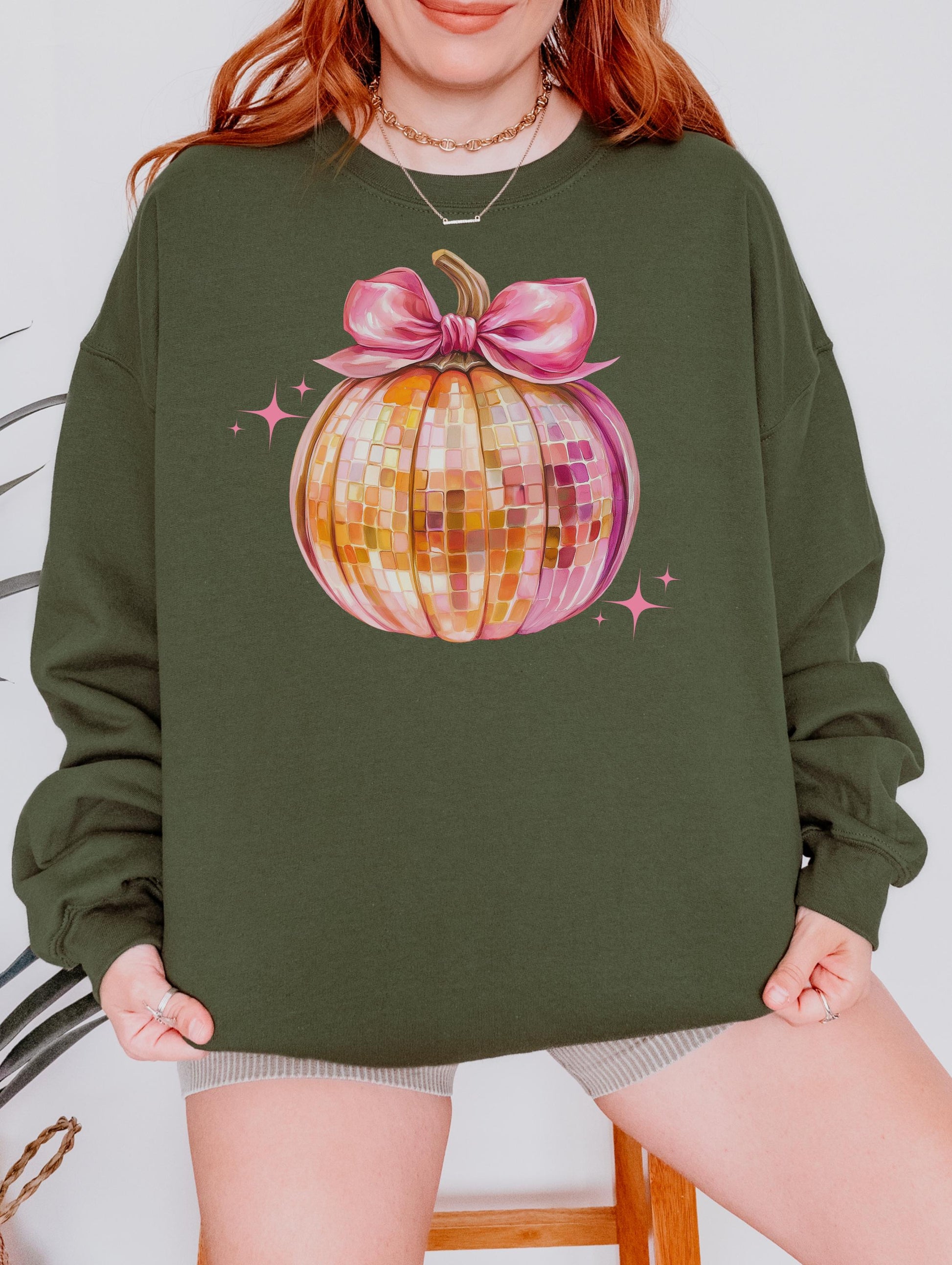 Disco Pumpkin Sweatshirt,Coquette Bow Pumpkin,Disco Ball Pumpkin,Pink and Orange sweatshirt,Fall Pumpkin,Autumn,thanksgiving sweatshirt