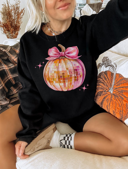 Disco Pumpkin Sweatshirt,Coquette Bow Pumpkin,Disco Ball Pumpkin,Pink and Orange sweatshirt,Fall Pumpkin,Autumn,thanksgiving sweatshirt